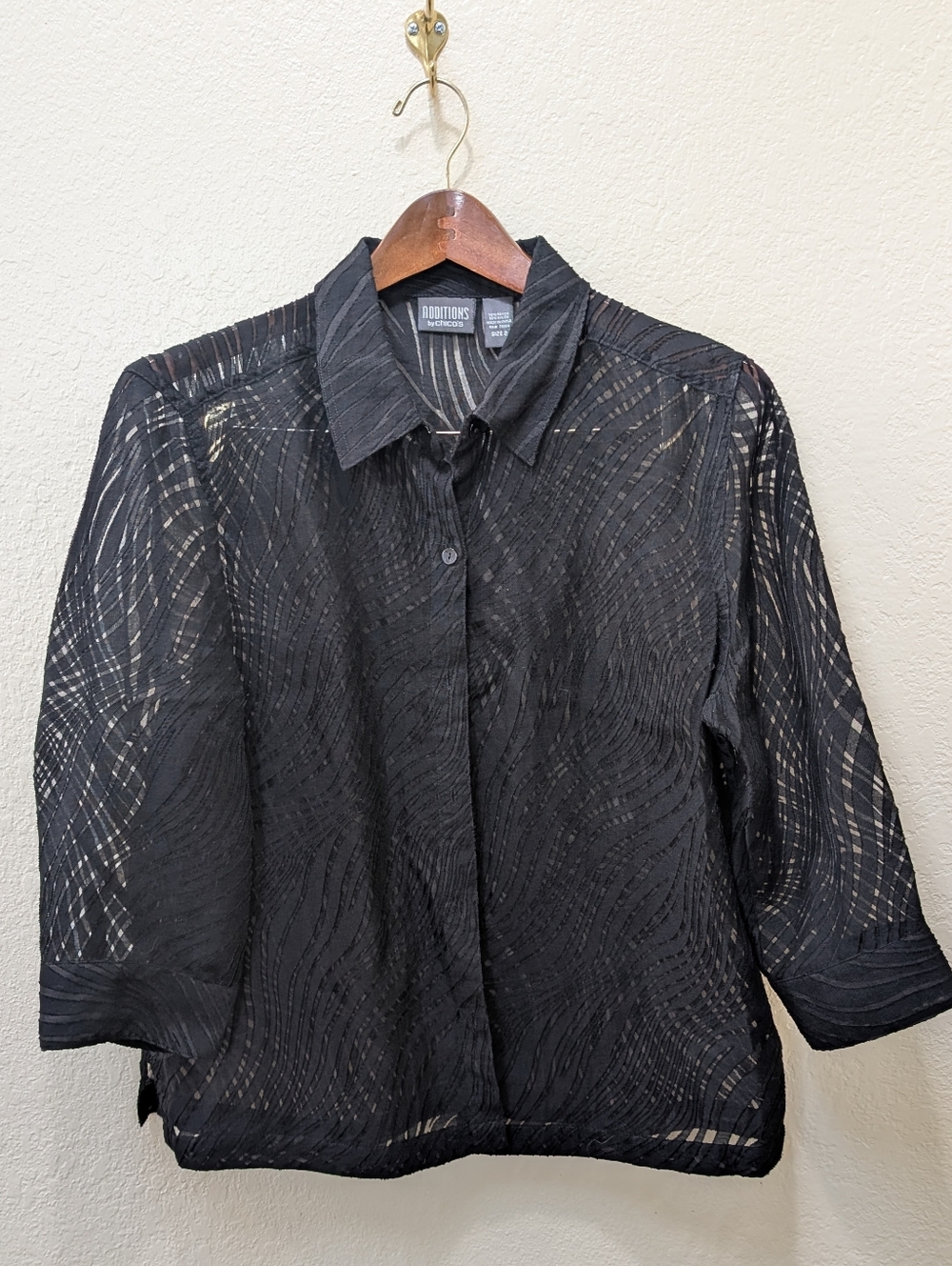 Additions By Chico Black Semi Sheer With Wavy Pattern Button Up Collard Blouse